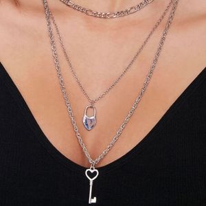 Layered Lock and Key Pendant Necklace